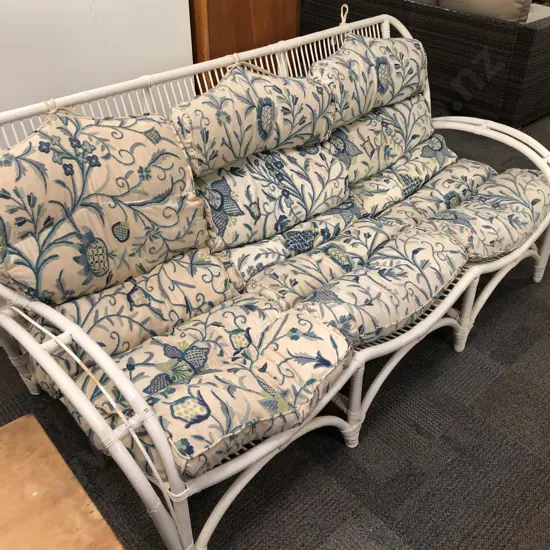 White Painted Cane Three Seater Conservatory Sofa