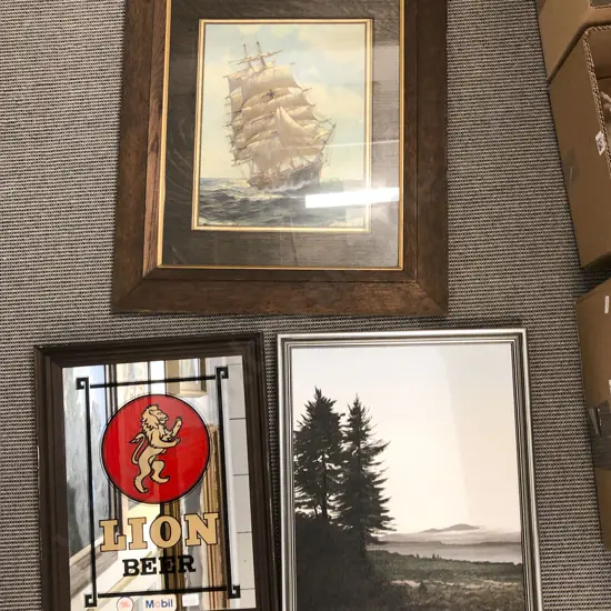 Lion Beer Advertising Mirror and Two Framed Works