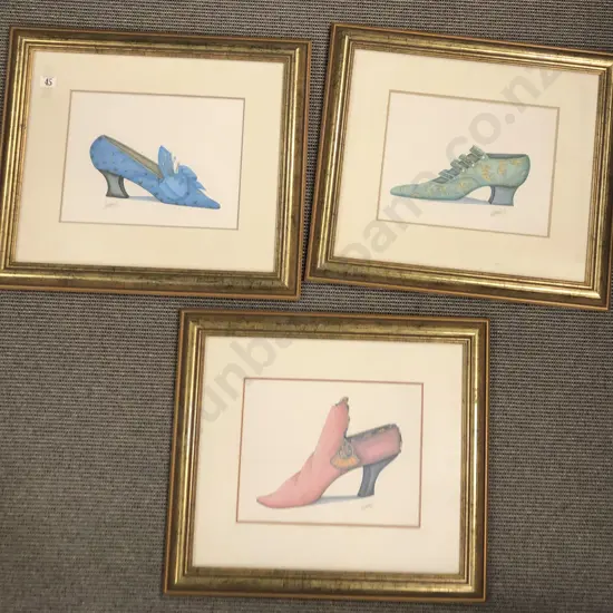 Three Polychrome Framed Prints of French 18C Shoes