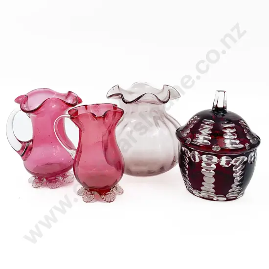 Four Pieces of Art Glass Including Cranberry and Ruby Glass Sugar Bowl