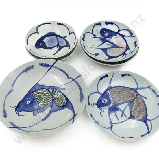 Six Blue and White China Bowls of Sizes With Koi Fish Decoration