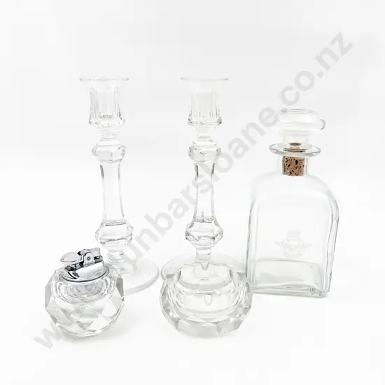 R.N.Z.A.F Museum Glass Decanter Together With Pair of Glass Candlesticks and Two Others