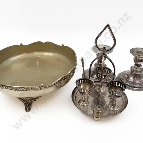 Pair of S/P Candlesticks Together With Egg Cup Set on Brass Fruit Bowl