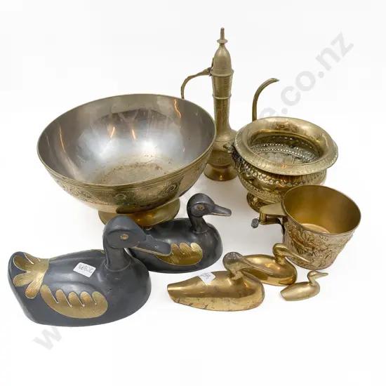 Qty of Assorted Brassware Including Decorative Ducks and Oil Lamp and Bowls etc.