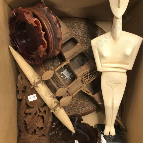 Small Box of Assorted Woodware Including Small Carved Table