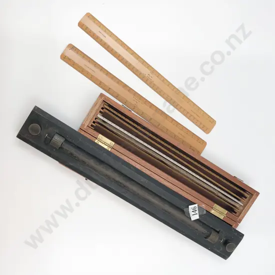 Slide Rule Together With Box of Vintage Rulers