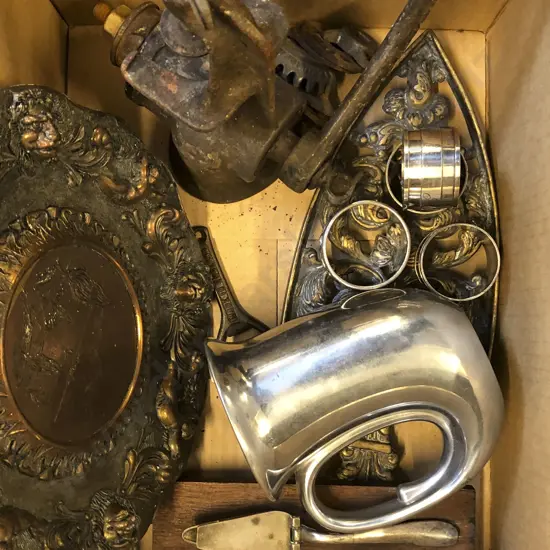 Box of Assorted Metal Ware Including Trivet and Grinder etc.