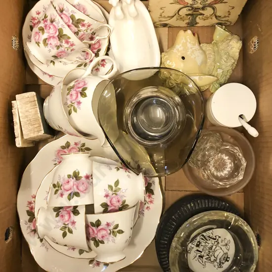 Box of Assorted Including Floral Decorated Tea Set With Ash Trays etc.