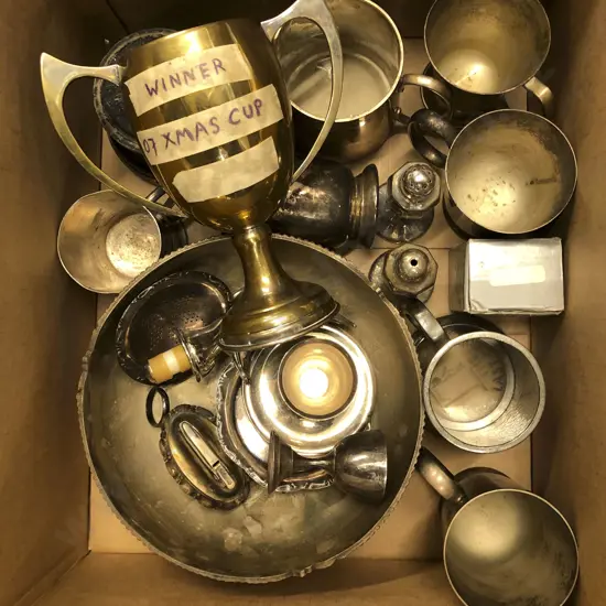 Box of Assorted Metal Ware Including Trophies and Pewter Tankards etc.