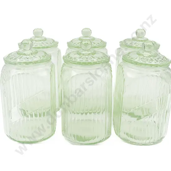 Set Of Six Uranium Green Glass Kitchen Jars