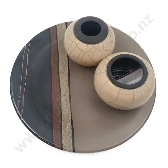 Morris & James NZ Pottery Charger Together With Pair of Ovoid Pottery Vases