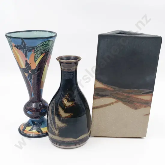 Three Pieces of Pottery Including Triangular Vase and Conical Glazed Vase etc.