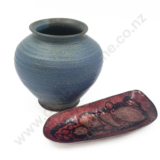 Large Delware Enamel Dish Together With Salt Glazed Pottery Vase