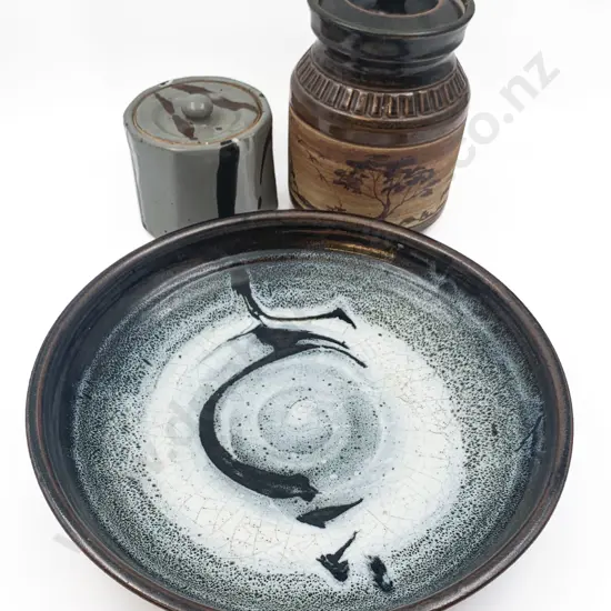 Three Pieces of Pottery Including Shallow Bowl and Two Jars