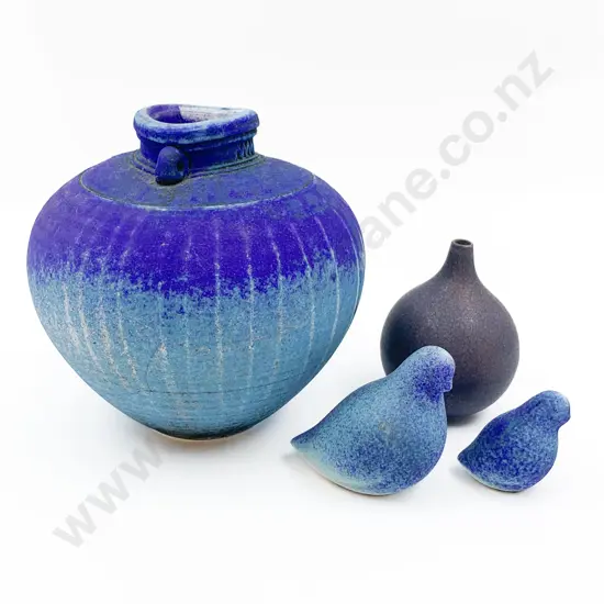 Mark James Pottery Vase Together With Two Bird Ornaments and Small Vase