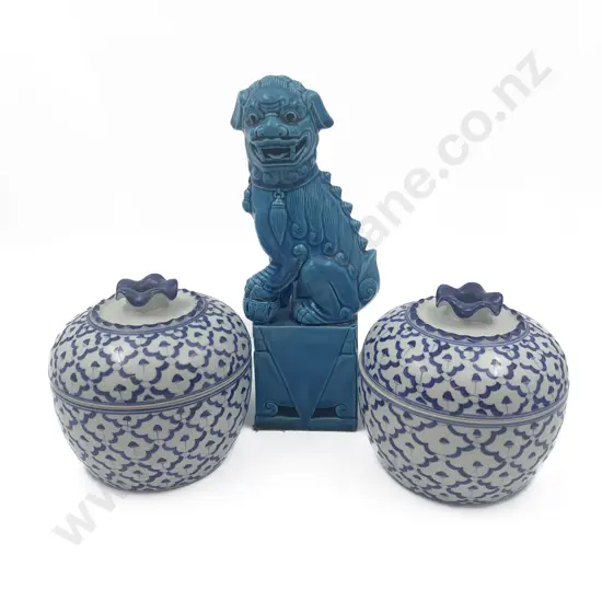Pair of Blue and White Jars Together With Blue Glazed Temple Lion