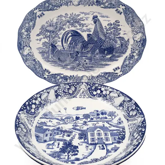Blue and White Ashet Together With Pair of Large Blue and White Fruit Bowls