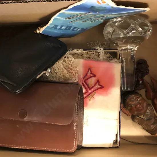 Box of Assorted Including Purses and Vintage Lace and Decorative Hat Pins etc.