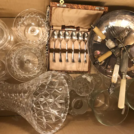Box of Assorted Glass Crystal and S/P Including Tapered Vase