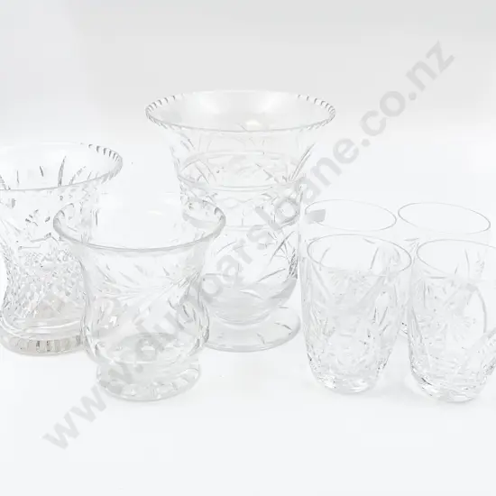 Qty of Three Glass and Crystal Vases and Four Glasses