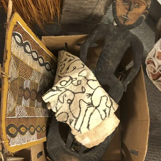Assorted PNG Artefacts Including Wooden Figure and Tapa Cloth etc.