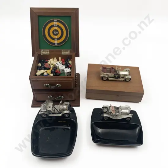 Miniature Dart and Chess Set Together With Car Decorated Ash Trays and Box