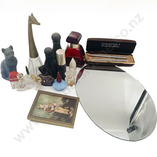 Box of Assorted Empty Scent Bottles etc. Together With Small Oval Mirror