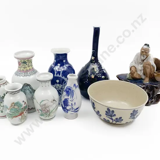 Small Box Qty of Assorted Asian Vases and Figure