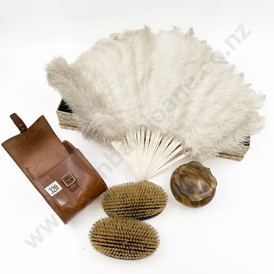 Victorian Bone and Ostrich Feather Fan Together with Tortoiseshell Box and Two Brushes