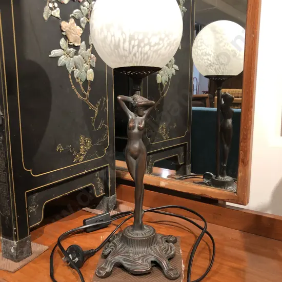 Repro Bronze Style Figural Lamp with Frosted Glass Globe Lightshade