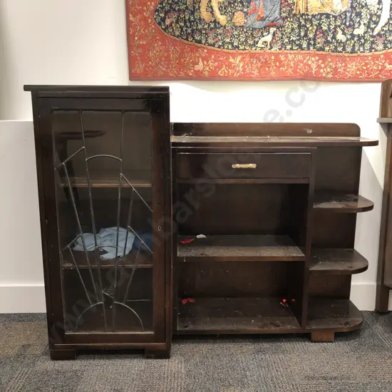 Oak Bookcase Cabinet with Leadlight Door (crack to glass)