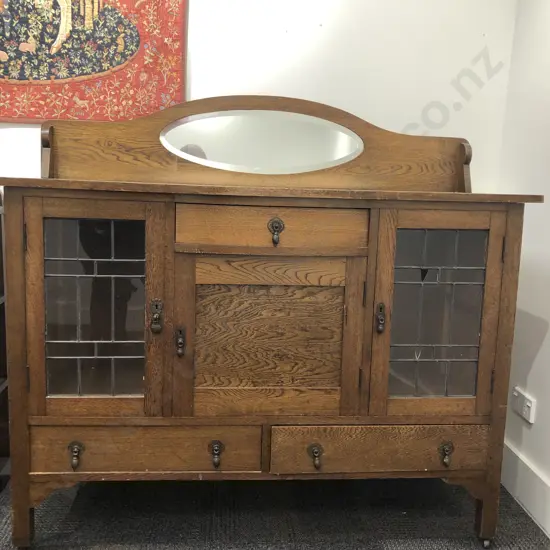 Oak Art Deco Sideboard with Leadlight Doors (Missing Caster and Cracked to Glass)