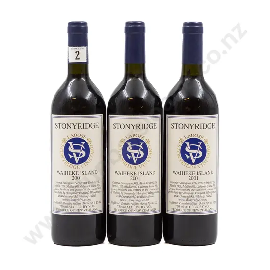 3 bottles NZ 2001 Stonyridge Vineyard Larose Waiheke Island
