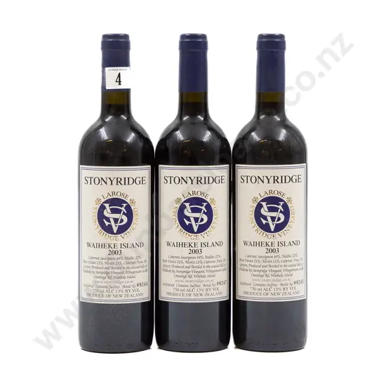 3 bottles NZ 2003 Stonyridge Vineyard Larose Waiheke Island