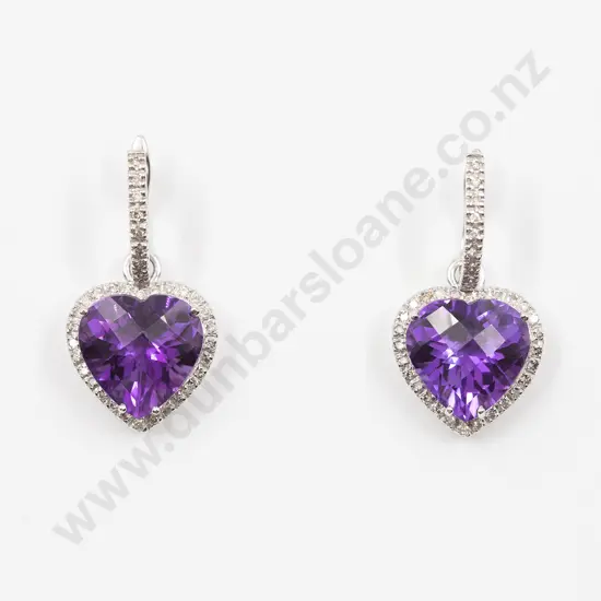 Pair 18ct White Gold Amethyst & Diamond Heart Pendant Earrings