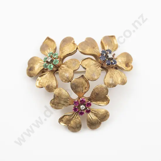 18ct 21stone Sapphire Emerald Ruby Diamond Floral Brooch