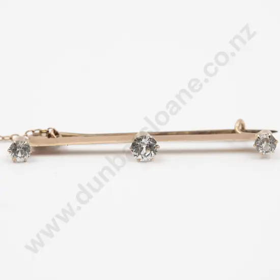 Edwardian 9ct Three Stone White Sapphire Bar Brooch