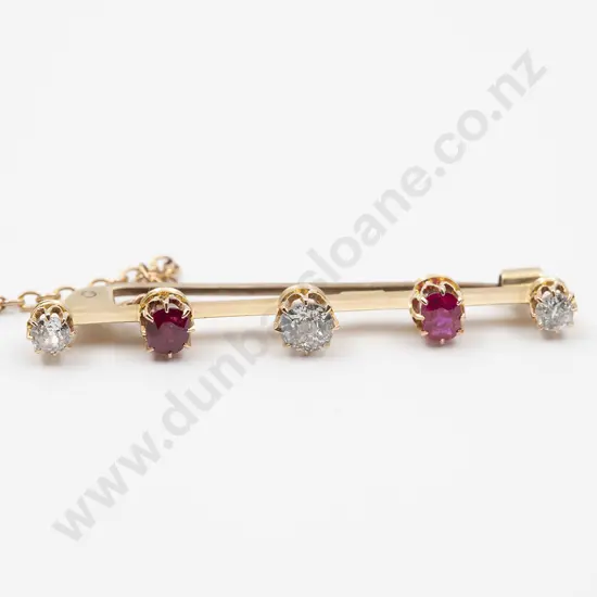 Edwardian 15ct Five Stone Ruby and Diamond Bar Brooch