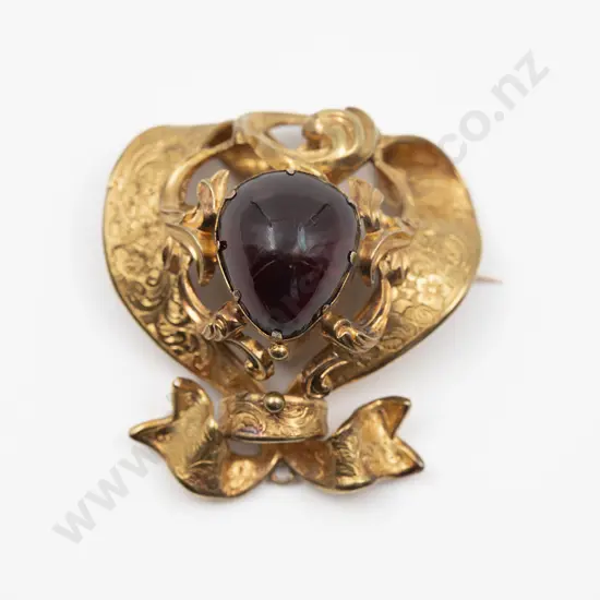 Victorian 15ct Single Garnet Scroll Brooch