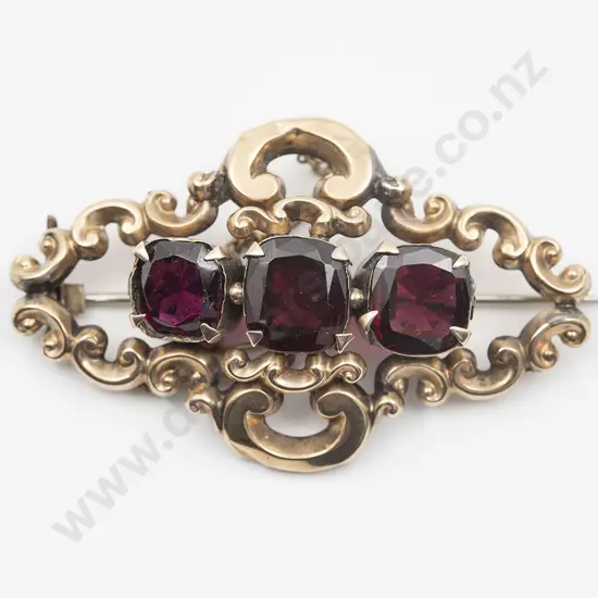 Victorian 9ct Three Stone Garnet Scroll Brooch