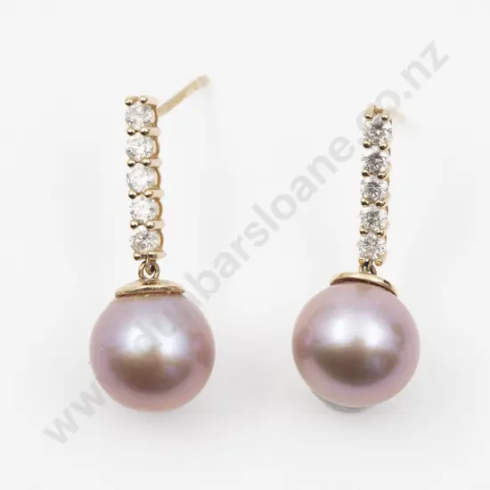 Pair 14ct Cultured Pearl and Diamond Pendant Drop Earrings