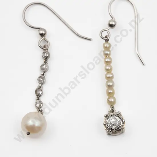 Pair Specially Made Diamond and Pearl Pendant Earrings