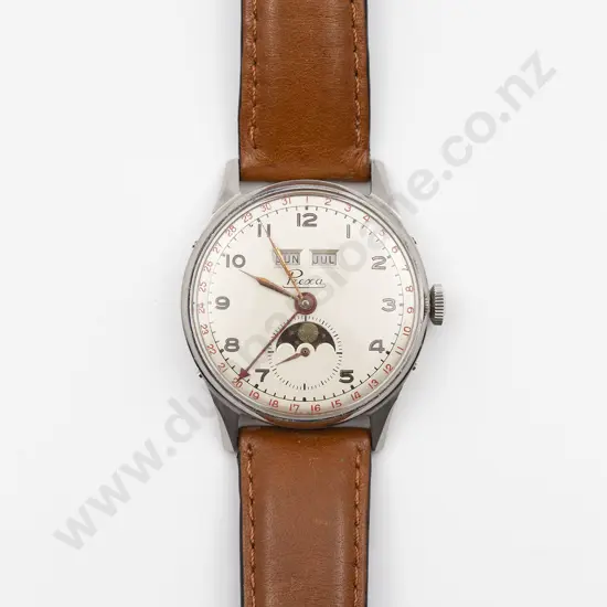 C1950's Prexa Stainless Steel Triple Date Moonphase Manual Wind Gents Wrist Watch
