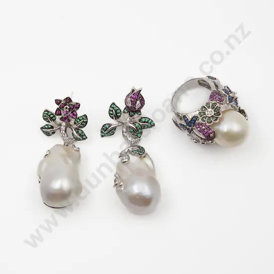 925 Silver and Multicoloured Crystal Baroque Pearl Ring and Earrings