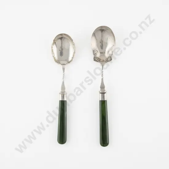 Two Large NZ S/S & Greenstone Handled Jam or Preserve Spoons