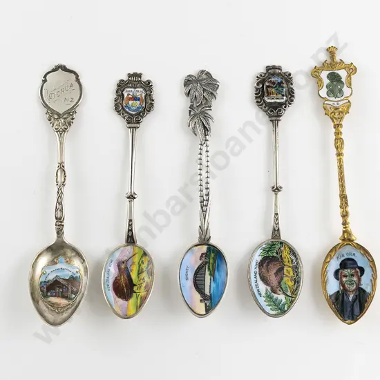 Five NZ & Other S/S and S/Plate Enamel Souvenir Spoons