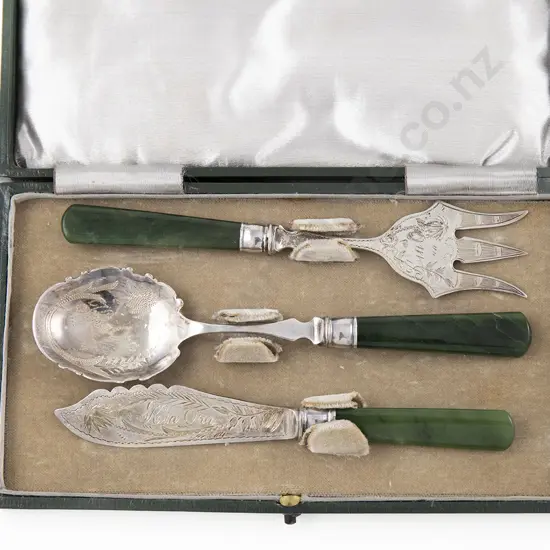 Cased Set Of Three NZ S/S & Greenstone Cutlery Pieces