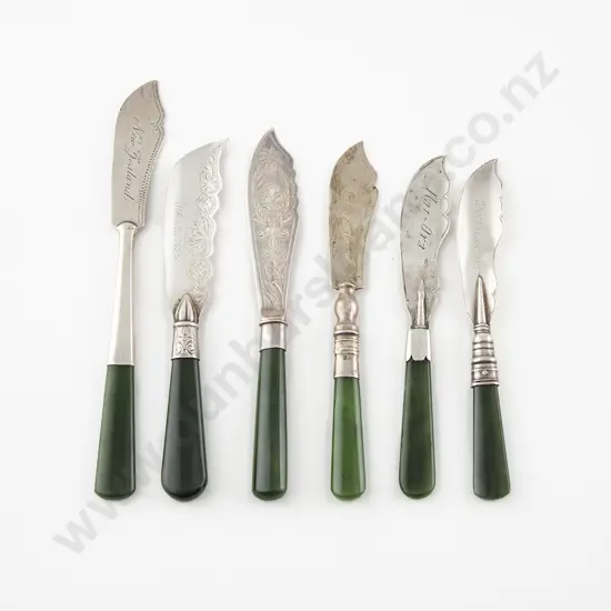Three NZ & Three English S/S & Greenstone Handled Butter Knives