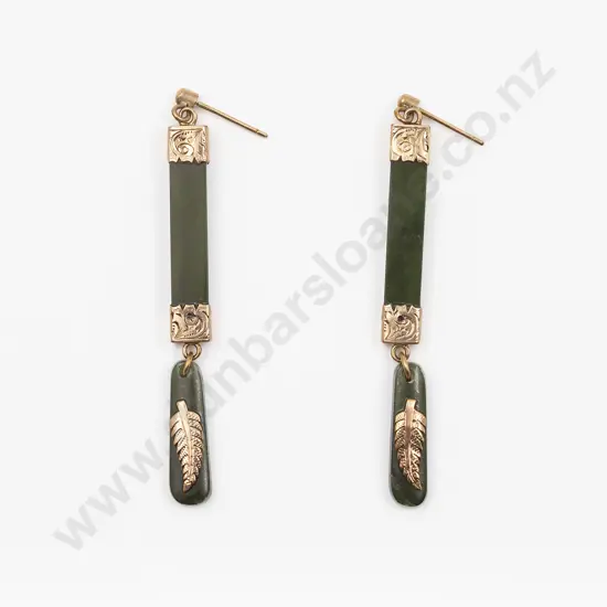 Pair NZ 9ct Mounted Greenstone Pendant Earrings