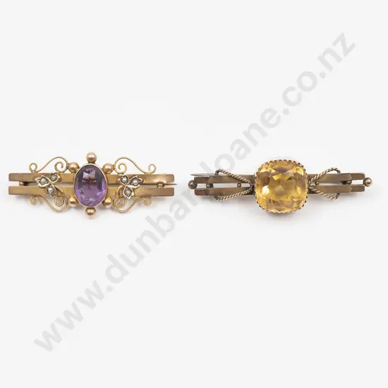 Two NZ 9ct Gold and Gem Bar Brooches